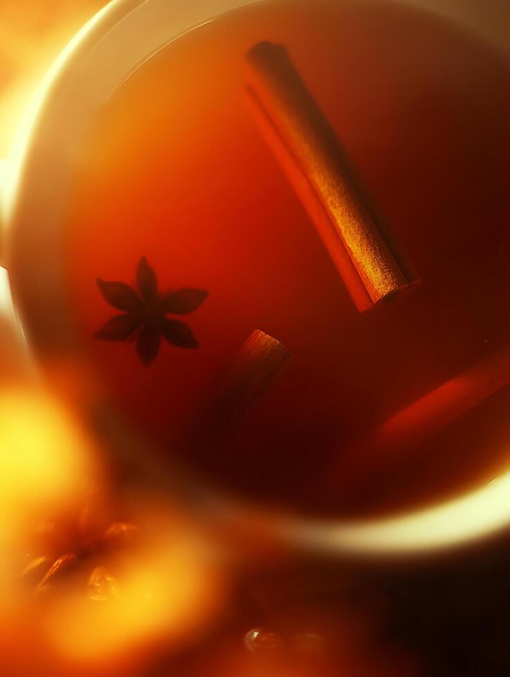 Aromatic Spiced Tea Close Up of Cinnamon and Star Anise in a Warm Drink. photo