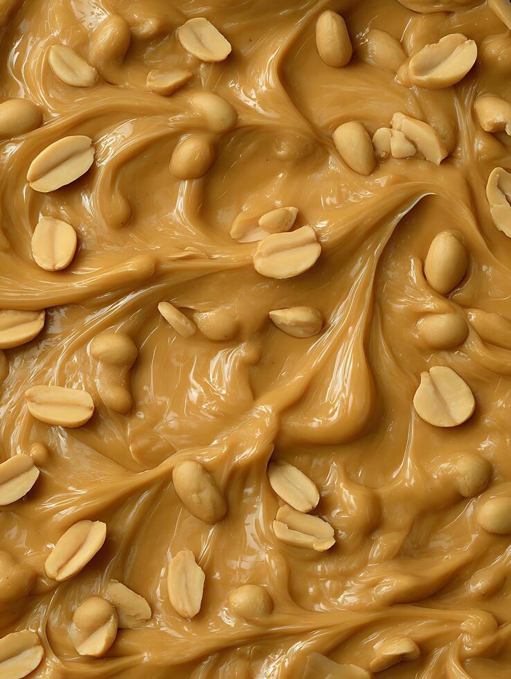 Swirled Peanut Butter with Roasted Peanuts. A close up image of creamy peanut butter with scattered peanuts. photo