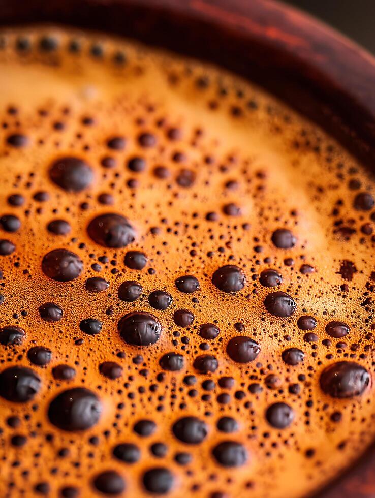 Close Up of Coffee Crema Rich Texture and Bubbles. photo