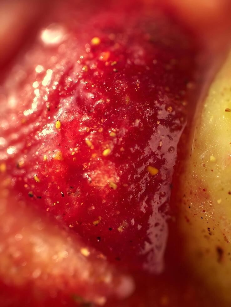 Extreme close up of strawberry and apple texture, vibrant red and yellow colors. photo