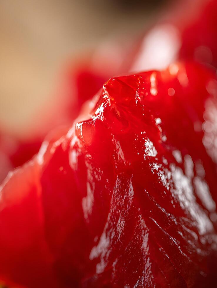 Extreme close up of vibrant red jelly texture, showcasing its glossy and translucent surface. photo