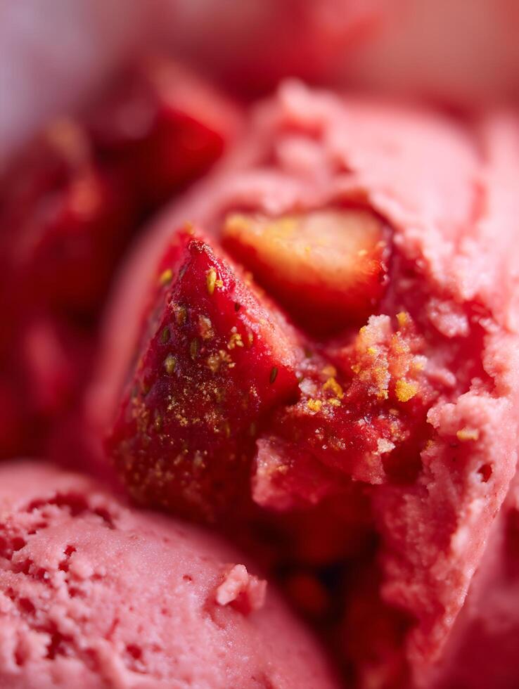 Close Up of Strawberry Ice Cream with Chunks of Fresh Strawberries. photo