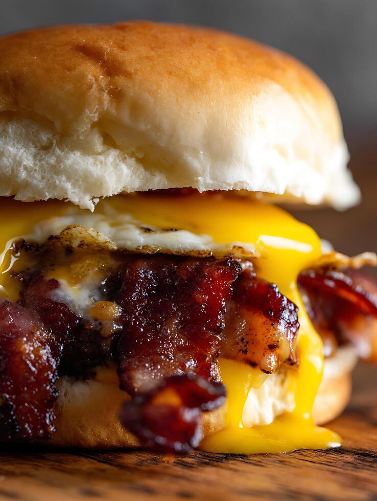 Close Up of a Delicious Bacon and Egg Sandwich. photo