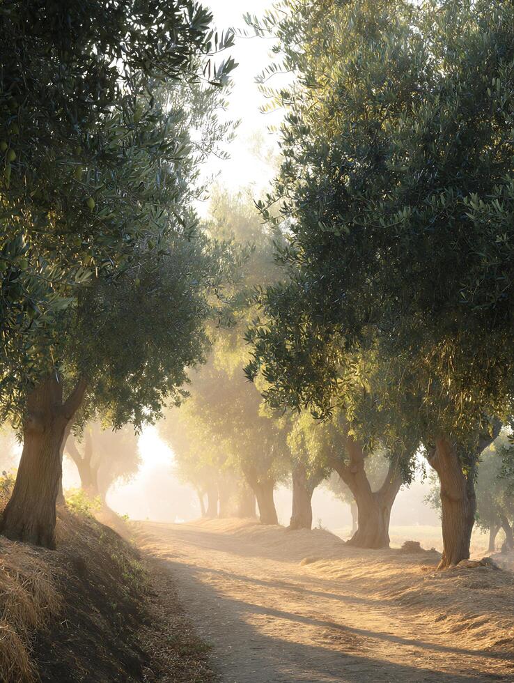 Sunlit Path Through an Olive Grove at Dawn. A picturesque dirt road winds through a misty olive orchard bathed in the golden light of sunrise. photo