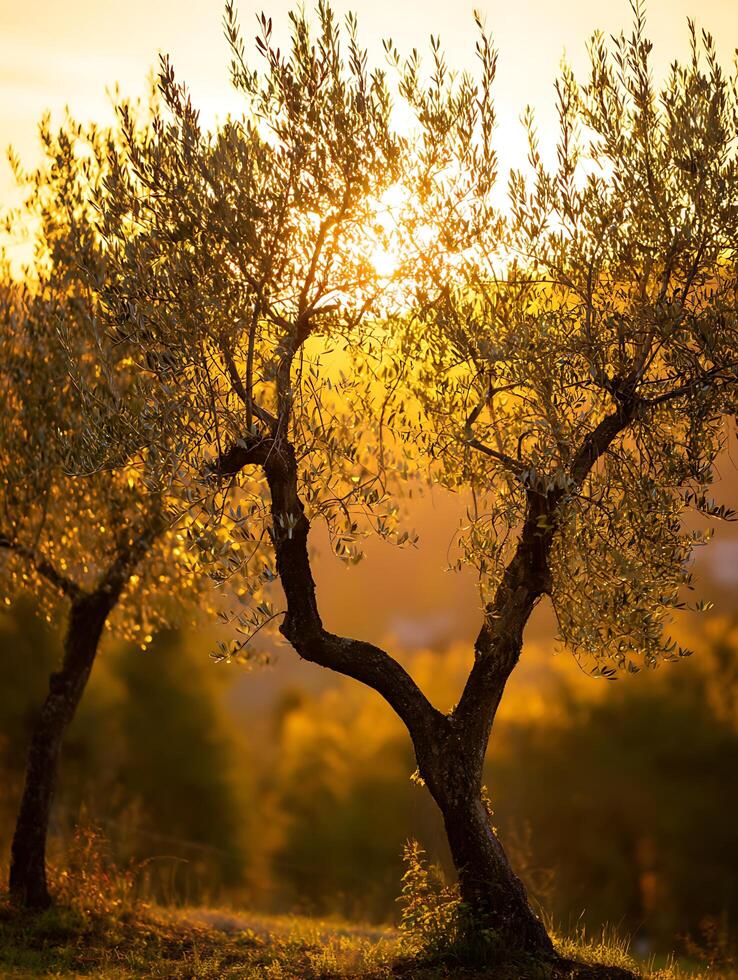 Golden Hour Sunlight Through Olive Trees in a Tuscan Landscape. photo