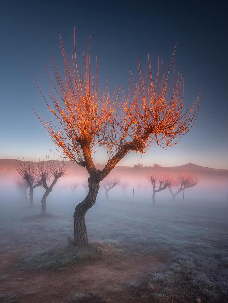 Mystical Sunrise over a Foggy Field with Orange-Tinted Trees. photo