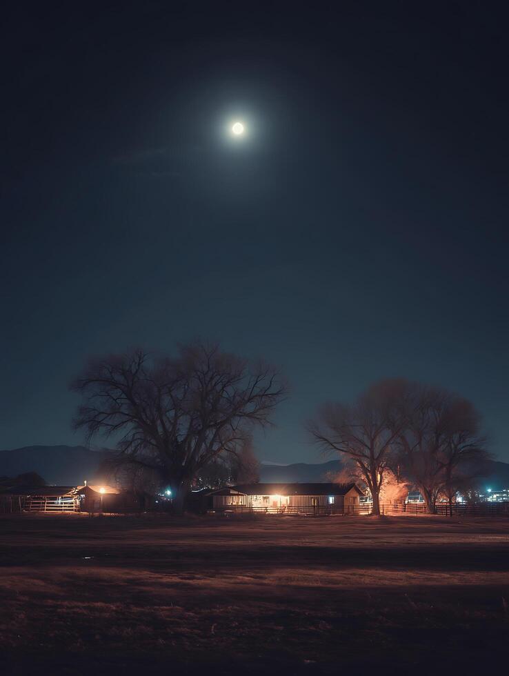 Illuminated Country House Under a Full Moon at Night. A serene landscape photograph depicting a tranquil scene. photo