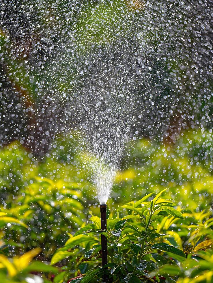 Close up of a sprinkler spraying water over lush green plants in the sunlight. photo