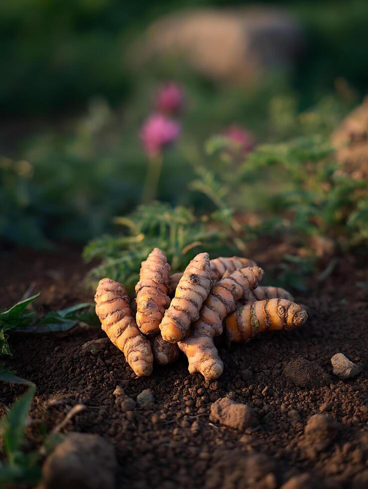 Freshly Harvested Turmeric Roots in the Field at Sunset. A close up image of turmeric rhizomes on the ground. photo
