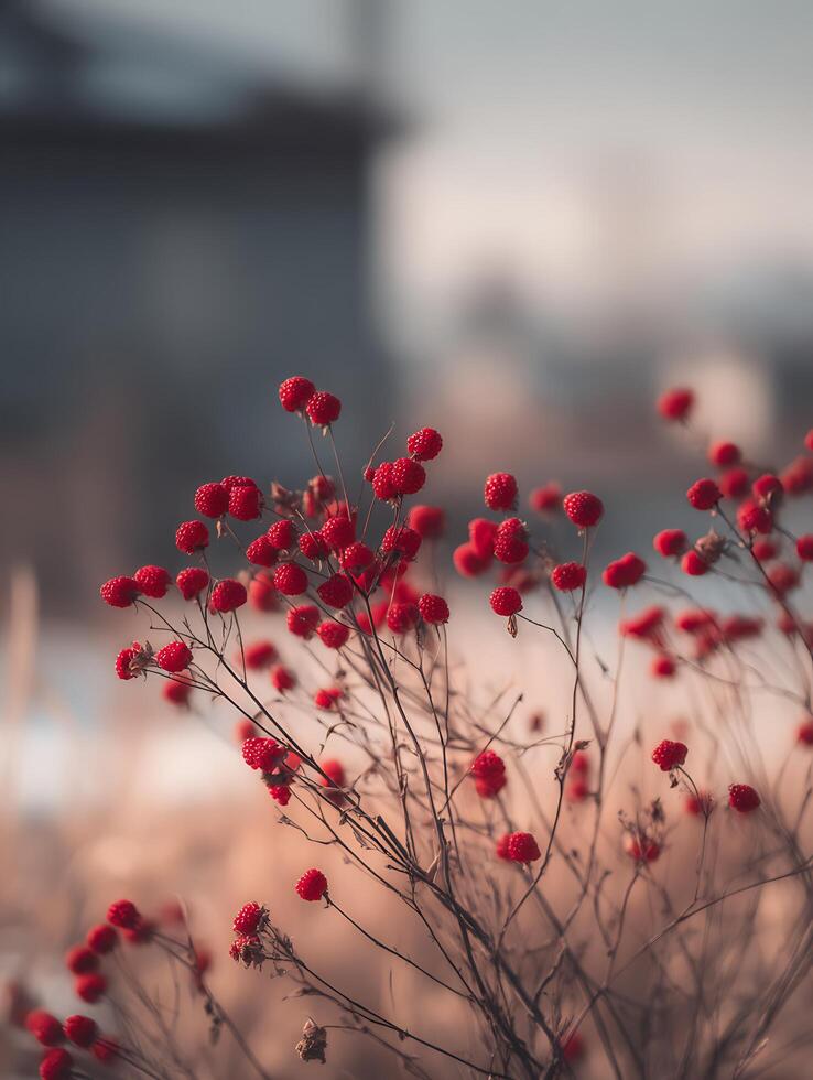 Close Up of Wild Raspberries on a Winter Branch. A delicate image of nature's beauty in the cold season. photo