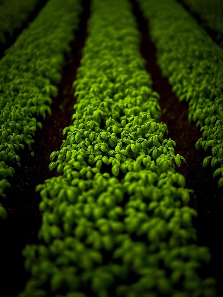 Lush Green Basil Plants in Rows, Agricultural Field Close Up. photo