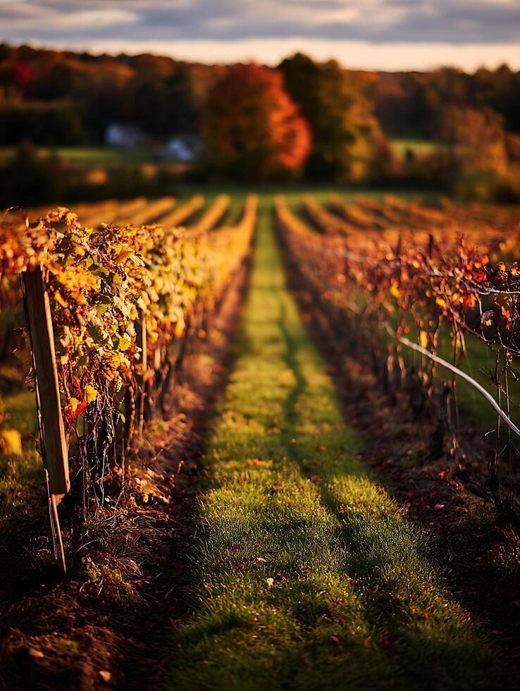 Autumn Vineyard Rows at Sunset A Pathway Through Colorful Vines. photo