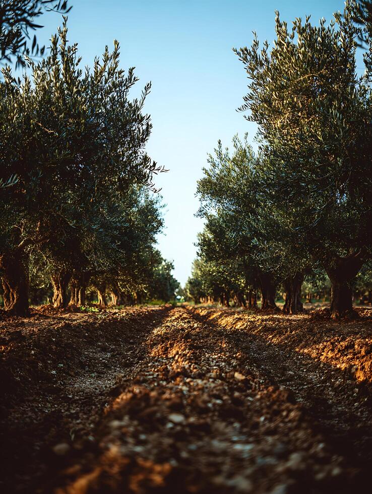 Olive Grove Pathway A Serene Landscape at Sunset. photo