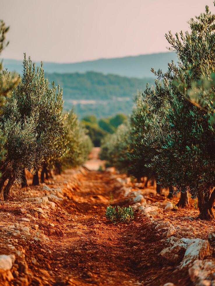 Scenic Path Through an Olive Grove at Sunset. A picturesque view of a dirt road winding through rows of olive trees, bathed in the warm light of the setting sun. photo