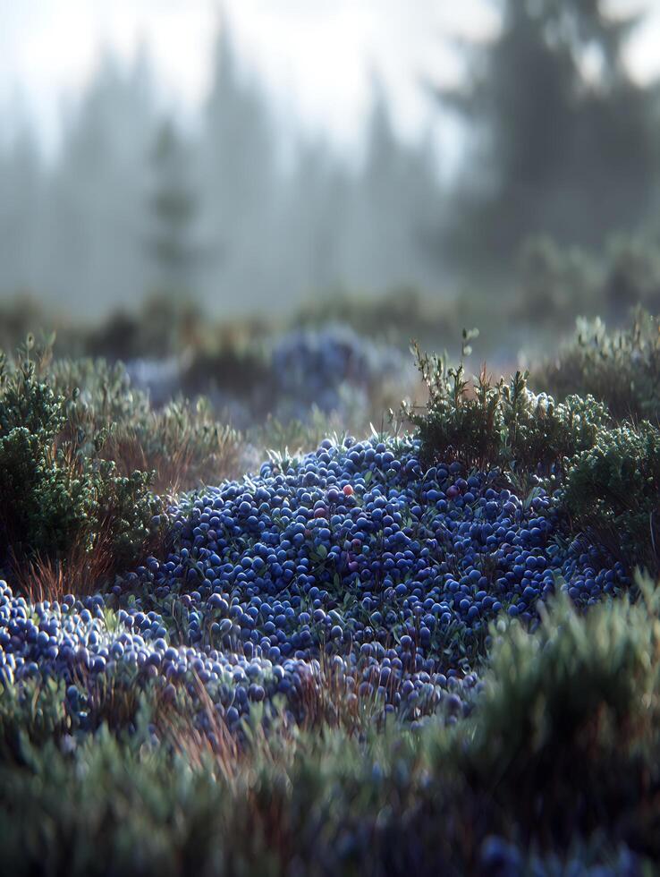 Abundant Blueberries in a Misty Forest Landscape. A close up view of a field of blueberries bathed in soft morning light. photo