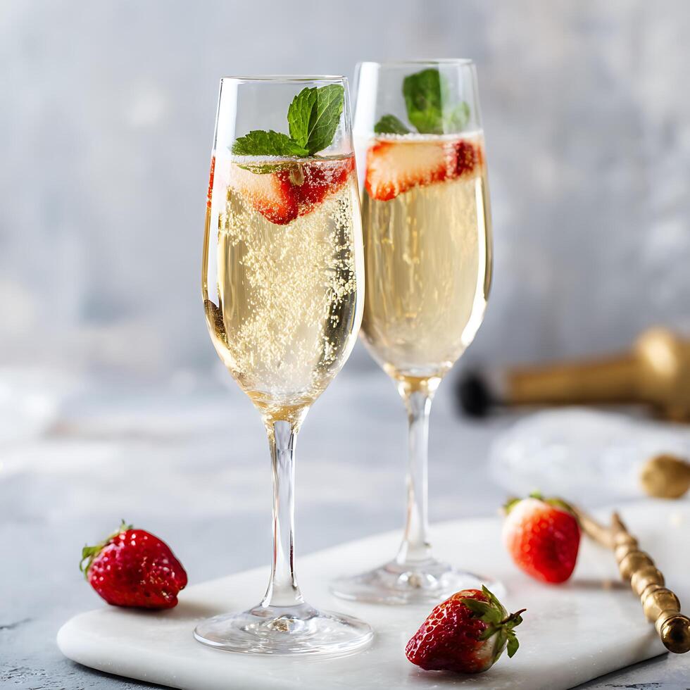 Sparkling Strawberry Champagne Cocktail in Elegant Glasses. A close up image of two champagne flutes filled with a refreshing strawberry and mint cocktail. photo