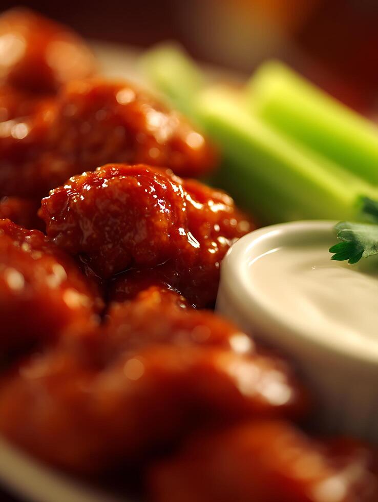 Close up of Delicious Glazed Chicken Wings with Celery and Dip. photo
