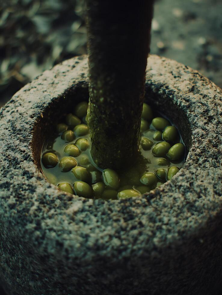 Close Up of Olives Being Crushed in a Traditional Stone Mortar. photo