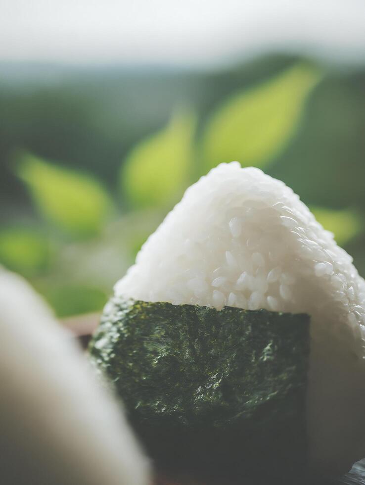 Close Up of Onigiri Rice Balls with Seaweed Against a Blurred Green Background. photo