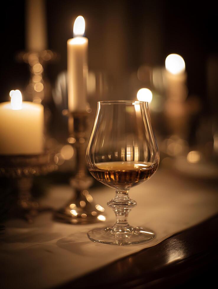 A glass of amber liquid sits on a table illuminated by candlelight, creating a warm and inviting atmosphere. photo