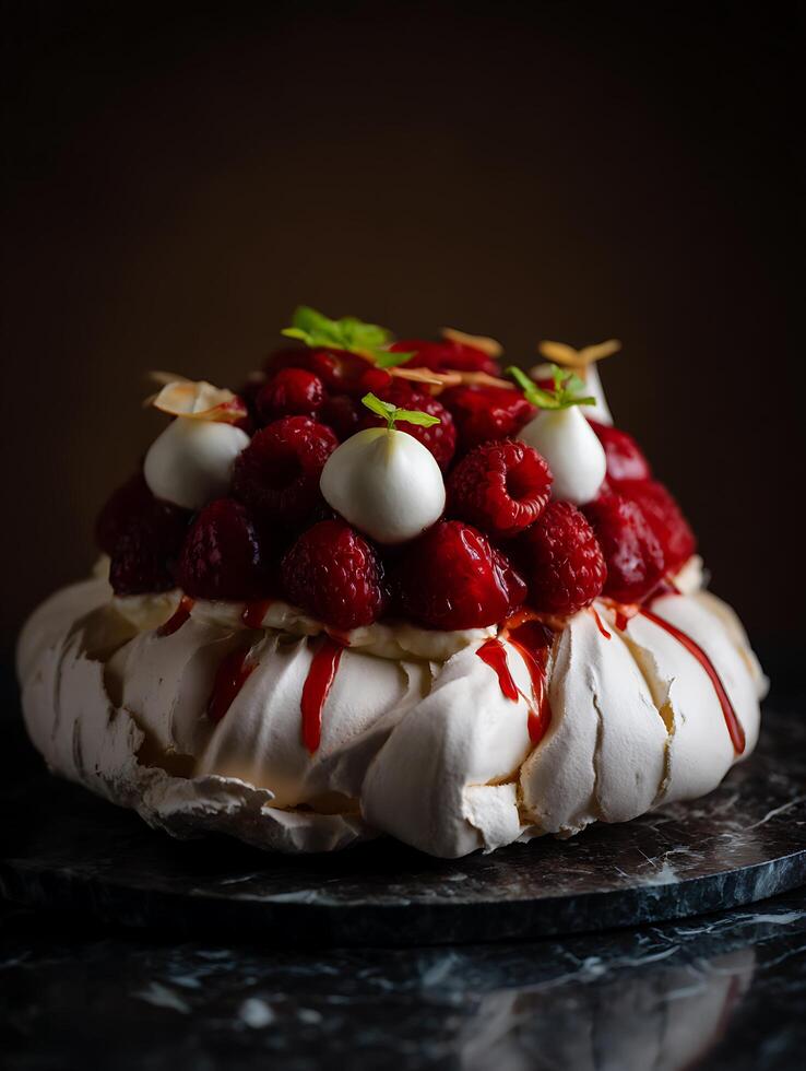 Delicious Raspberry Pavlova Dessert on Marble Surface. photo