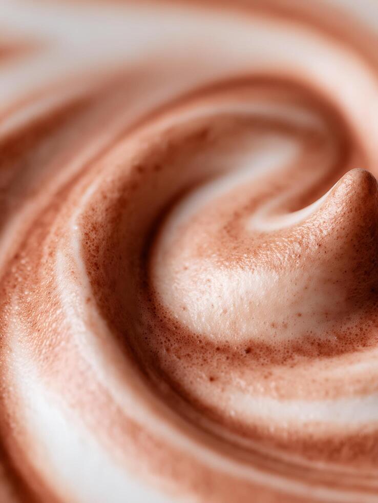 Close Up of Swirling Coffee Cream, Textured Latte Art. photo