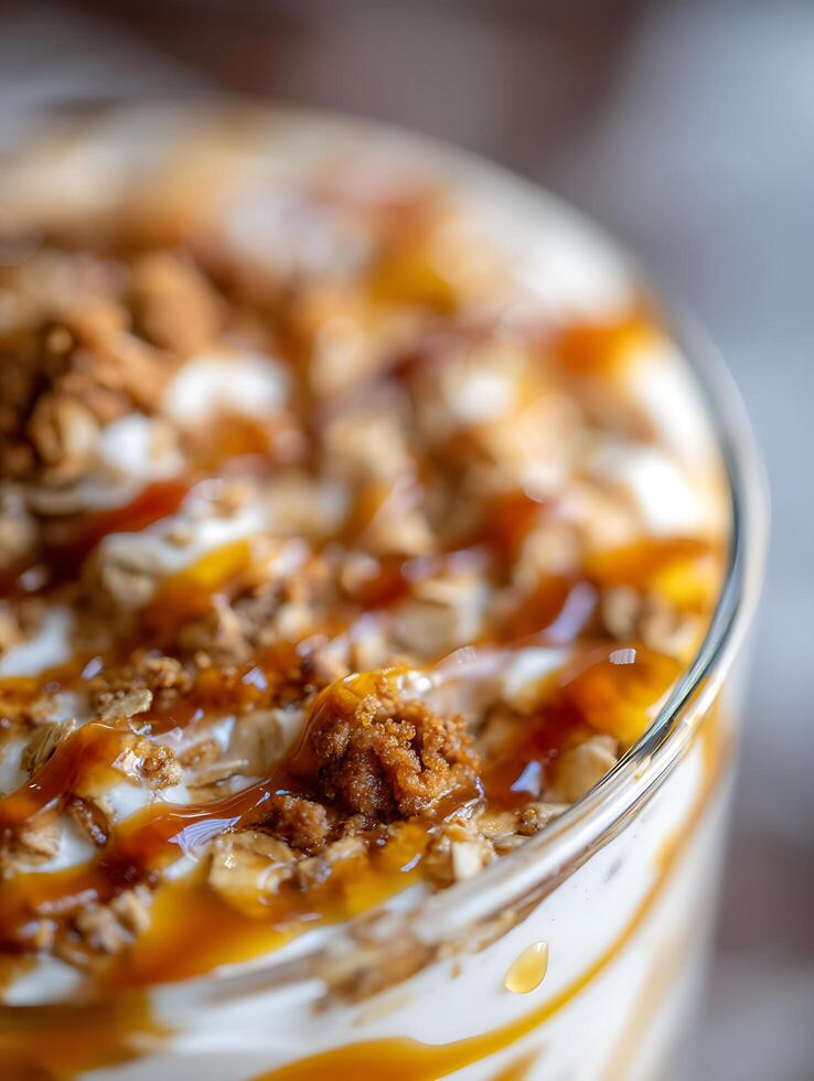Close Up of Creamy Yogurt Parfait with Caramel and Granola. photo