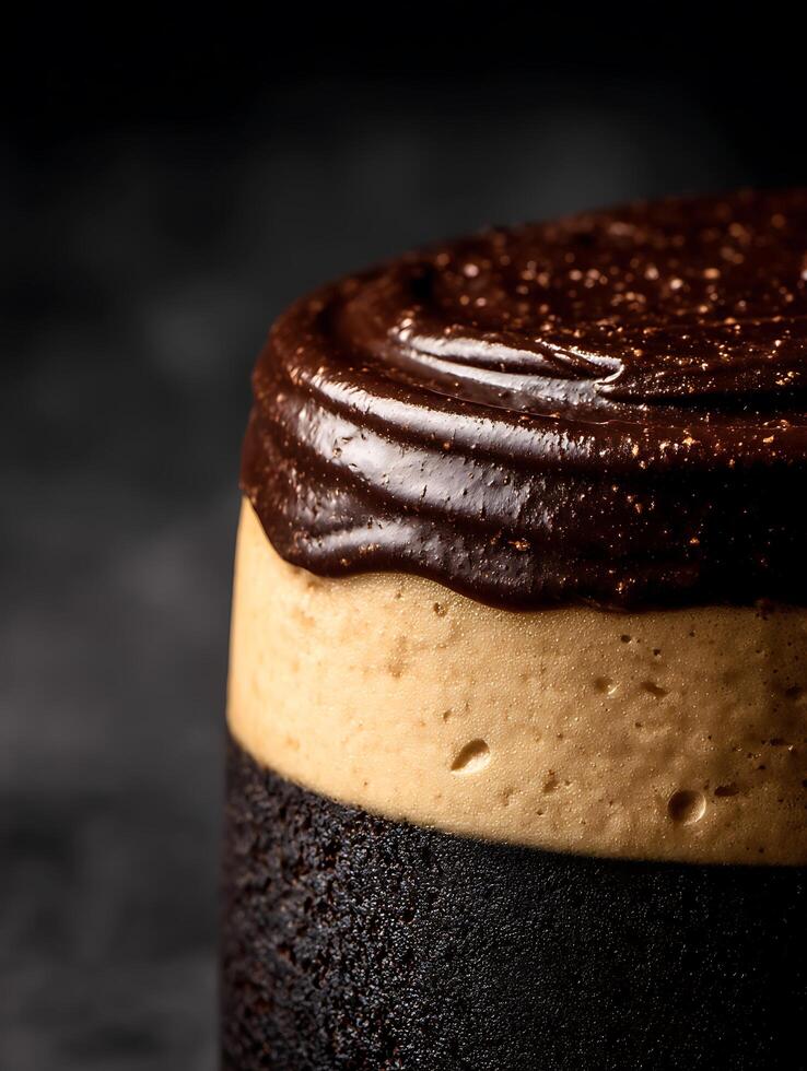 Close up of a Delicious Three Layered Chocolate Cake with Creamy Filling and Ganache Topping. photo