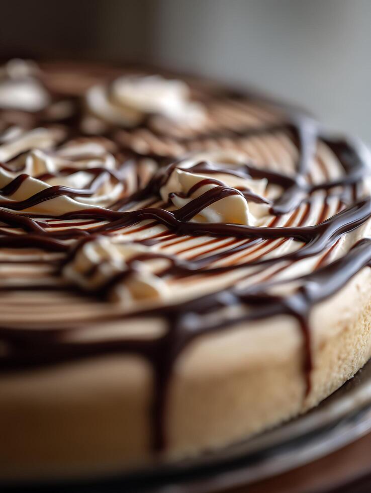 Close Up of Delicious Chocolate Drizzled Cheesecake. A tempting image perfect for food blogs, magazines, and culinary websites. photo