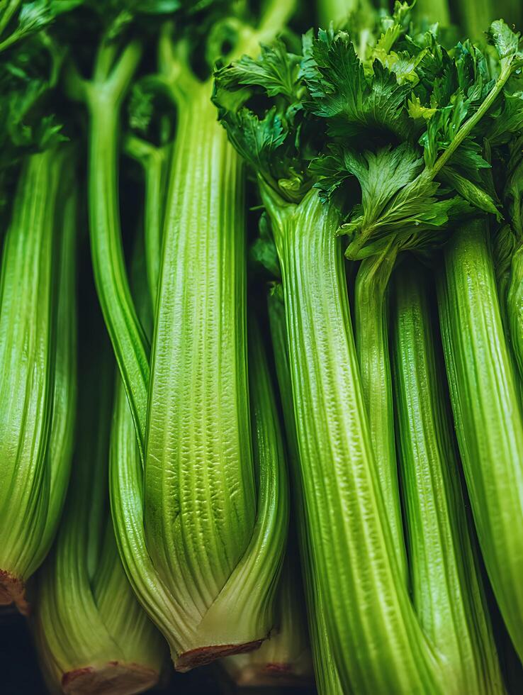 Close Up of Fresh Green Celery Stalks with Leaves. A vibrant image perfect for healthy eating and food-related content. photo
