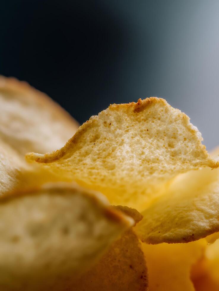 Close Up of Crispy Potato Chips, Texture and Detail. photo