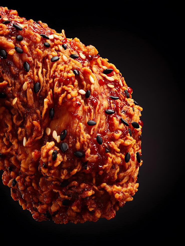 Close up of Crispy Fried Chicken with Sweet and Spicy Glaze and Sesame Seeds. photo
