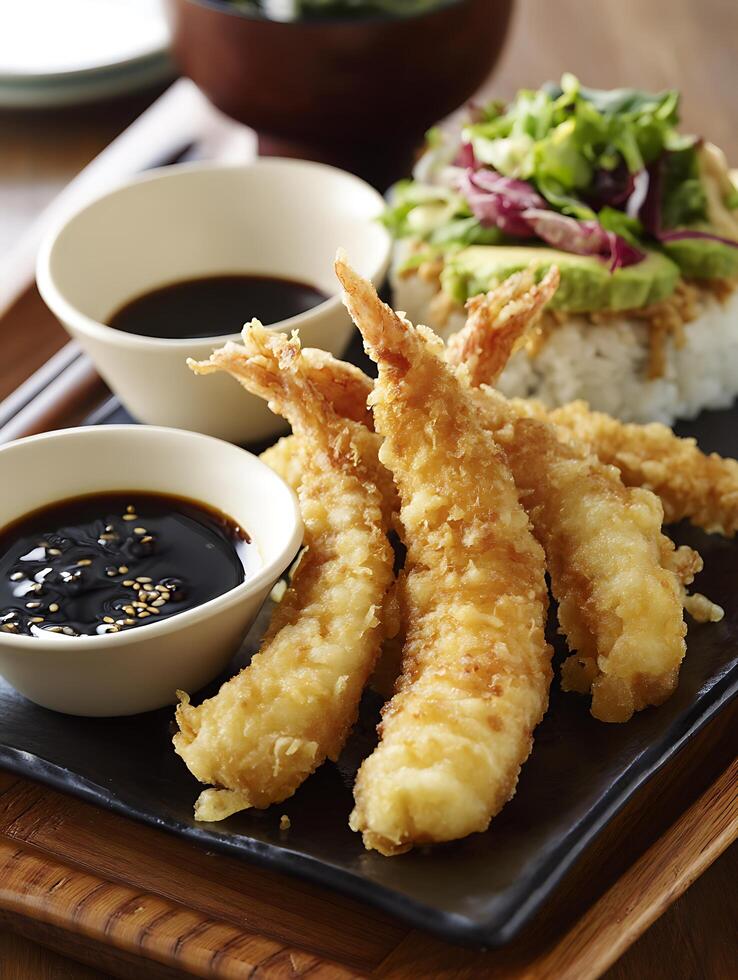 Crispy Tempura Shrimp with Dipping Sauce and Sushi Rice Bowl. photo