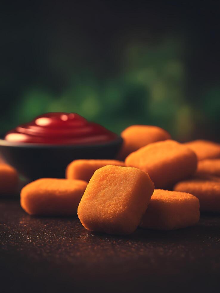 Close up of Golden Brown Cheese Nuggets with Ketchup. A Delicious Snack Food Image. photo
