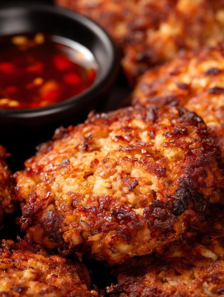 Close up of Crispy Fried Rice Cakes with Spicy Dipping Sauce. photo