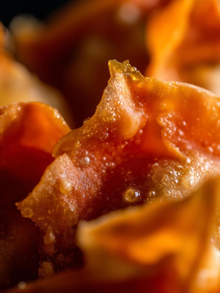 Close Up of Crispy Fried Dumplings with Golden Glaze. photo