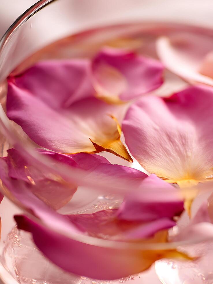 Pink Rose Petals Floating in Glass Bowl, Close Up. A delicate and beautiful image perfect for spa, beauty, or floral design projects. photo