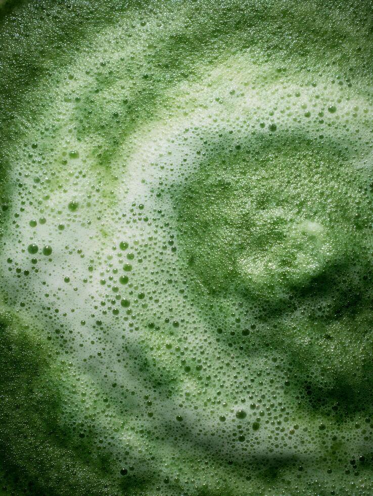 Abstract Green and White Foam Texture Close up of bubbly surface. photo