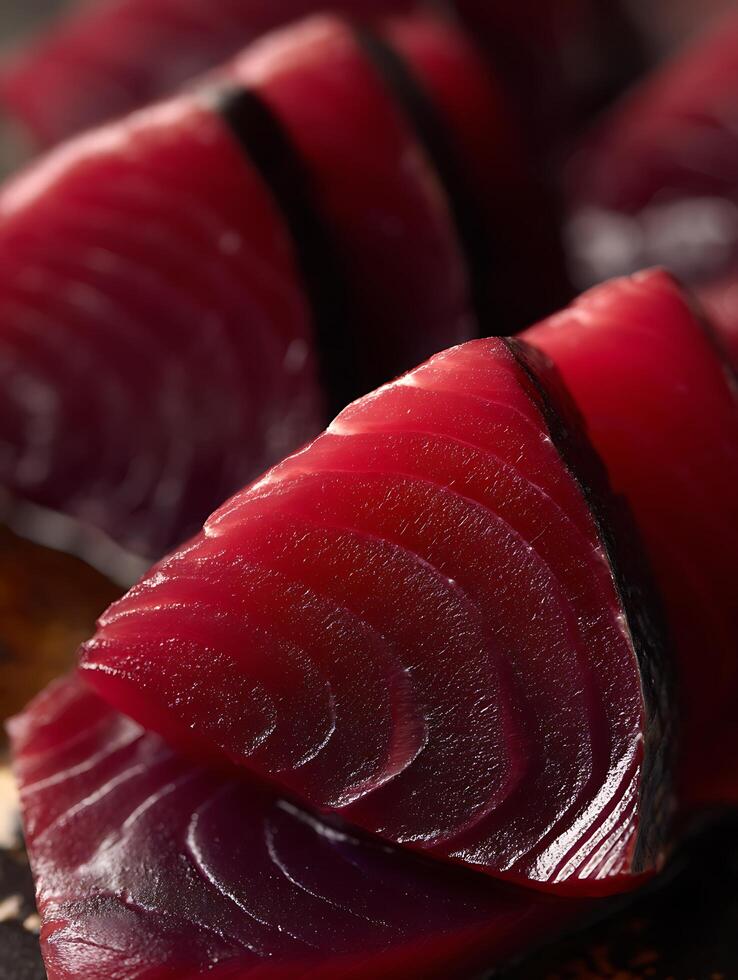 Close up of Sashimi Grade Tuna Steaks, Rich Red Color and Texture. photo