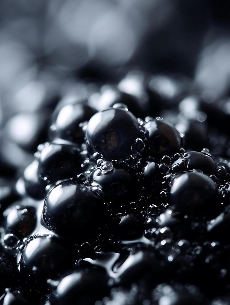 Close Up of Shiny Black Berries, Glistening with Moisture. photo