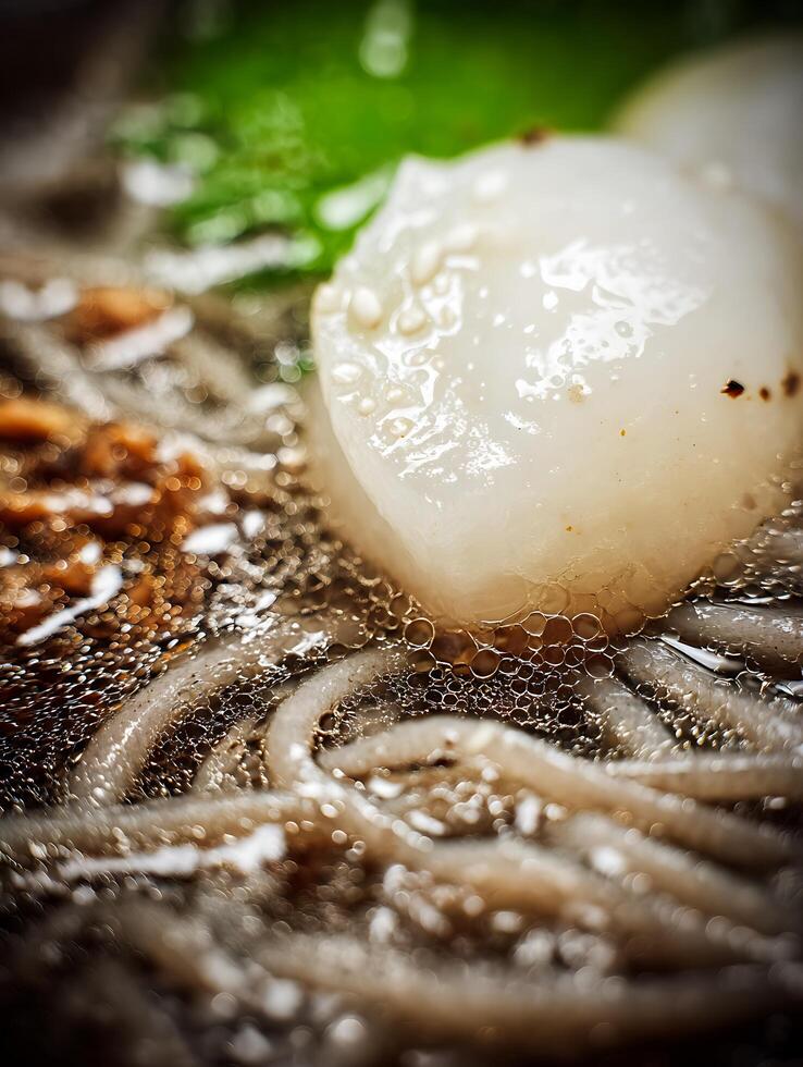 Close Up of Delicious Noodles in Broth with Fish Cakes. photo