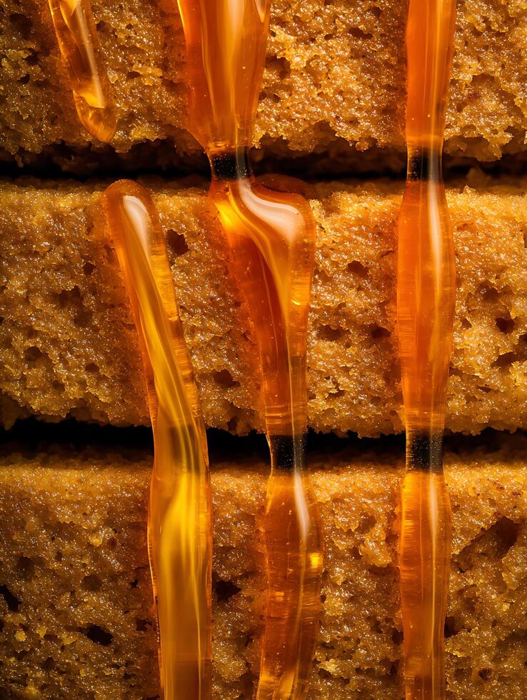 Close up of Honey Drizzled over Golden Brown Cake Layers. photo