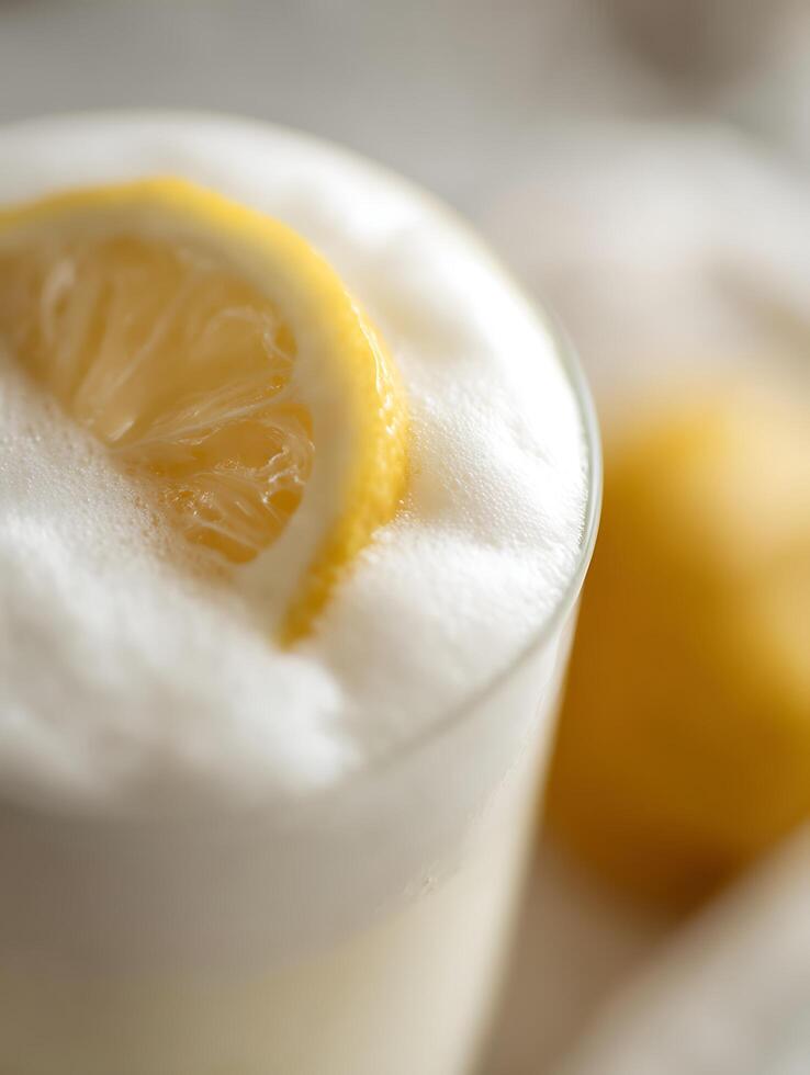 Close up of Creamy Lemon Drink with Frothy Top. A refreshing beverage garnished with a lemon wedge. photo