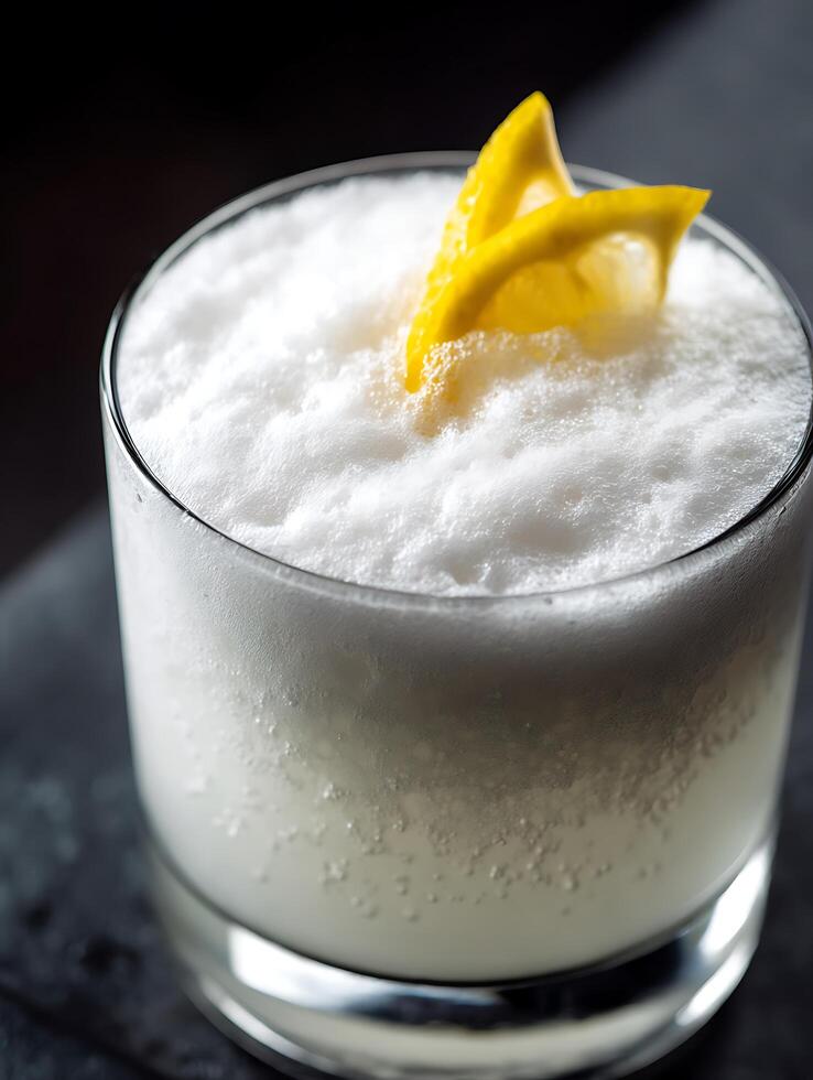 Close up of a refreshing Whiskey Sour cocktail with a lemon twist, garnished and served in a rocks glass. photo