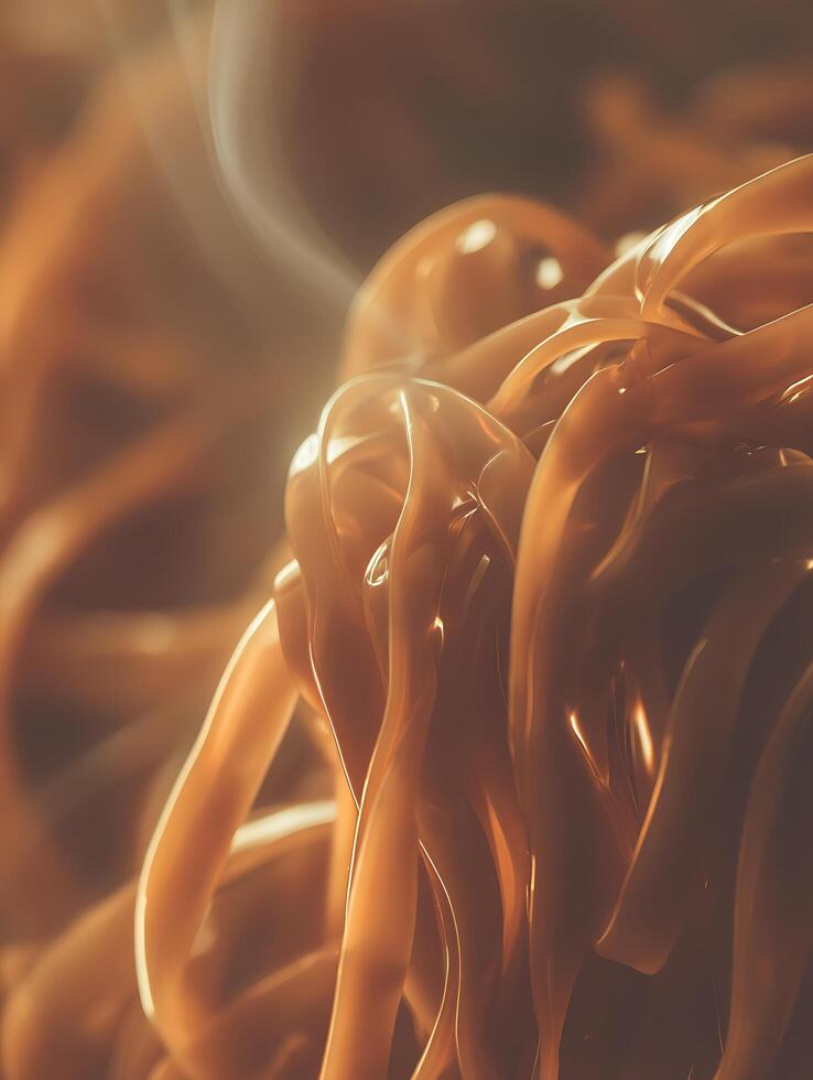 Steaming Noodles A Close Up of Golden, Cooked Pasta. photo