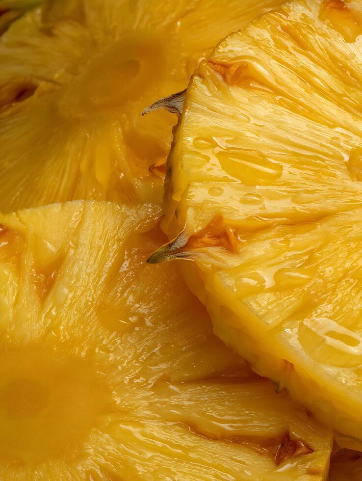 Close up of juicy pineapple slices, showing texture and detail. photo
