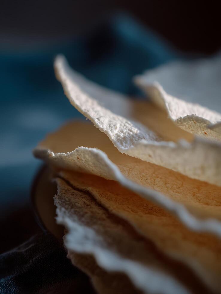Close up of Stacked Paper Thin Crackers, Textured Food Photography. photo