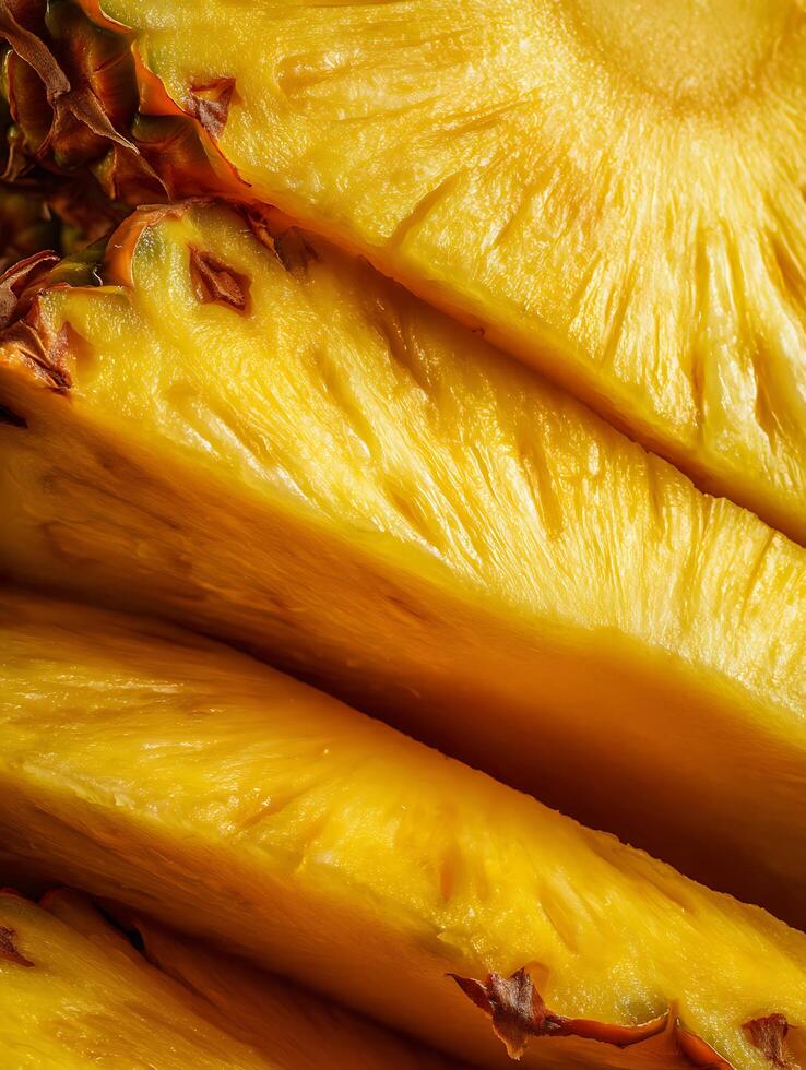 Close Up of Sliced Pineapple Showing Juicy Texture and Vibrant Yellow Color. photo