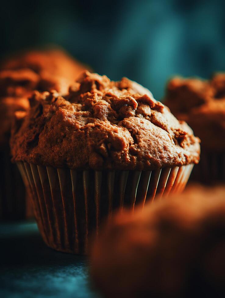 Close up of a delicious baked muffin, perfect for autumn or winter recipes. photo