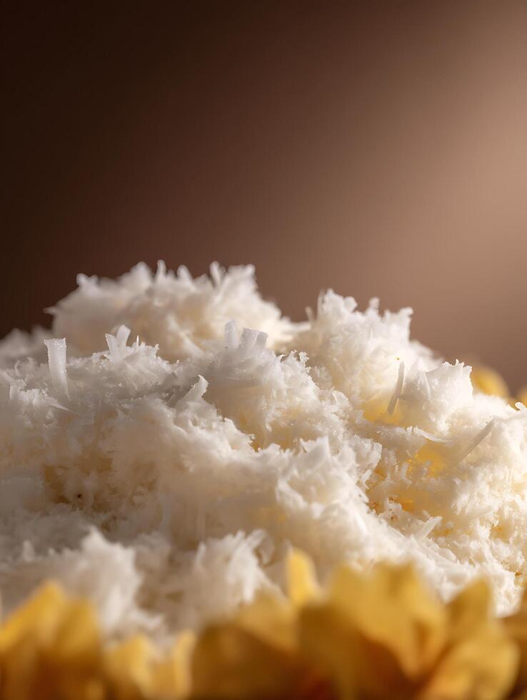 Close Up of Sweet Coconut Flakes, Delicate Texture and Creamy White Color. photo